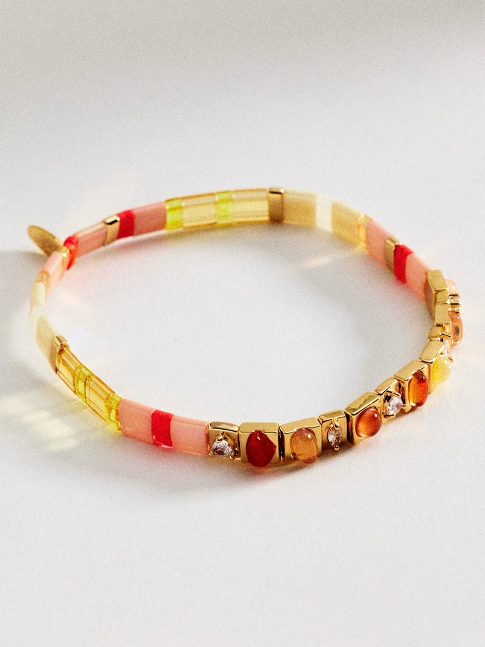 14K Gold Plated Colorful Orange Beaded Chicklet Stretch Bracelet 7” L